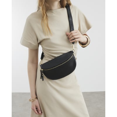 Black Leather Cross Body Bum Bag