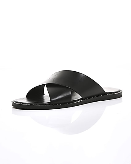 360 degree animation of product Black leather cross over sandals frame-0