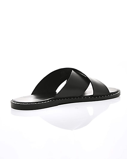 360 degree animation of product Black leather cross over sandals frame-12