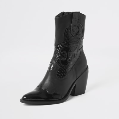 black leather cut out ankle boots