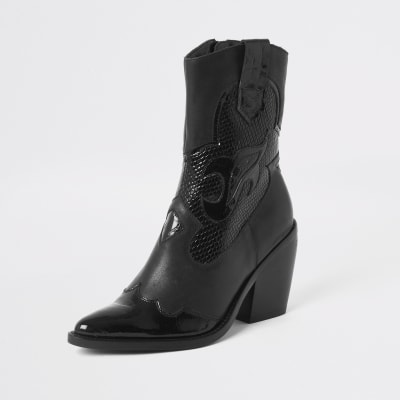 black leather western ankle boots