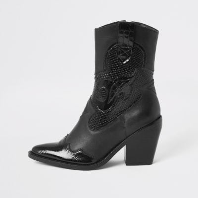 Black leather cutout cowboy ankle boots