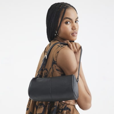 Black Leather Cylinder Shoulder Bag