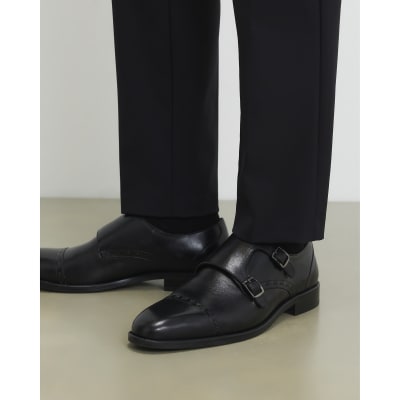 River Island Black Leather Double Buckle Monk Shoes