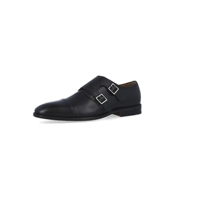 360 degree animation of product Black leather double monk strap shoes frame-1