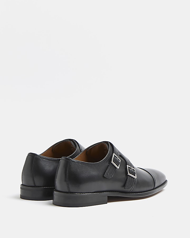Black leather double monk strap shoes