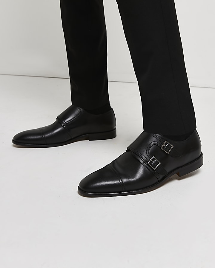 Black leather double monk strap shoes