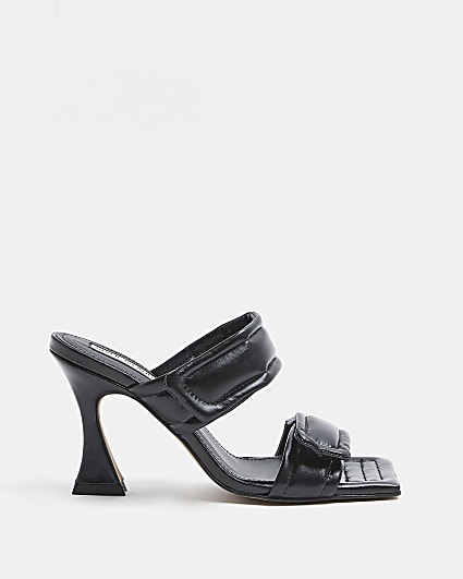 Black leather double strap heeled mules