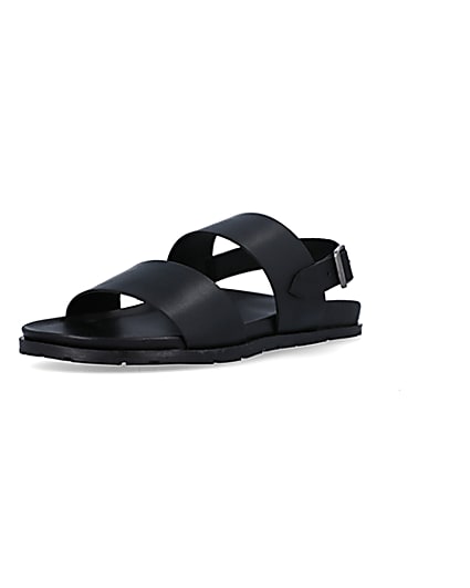 360 degree animation of product Black leather double strap sandals frame-0