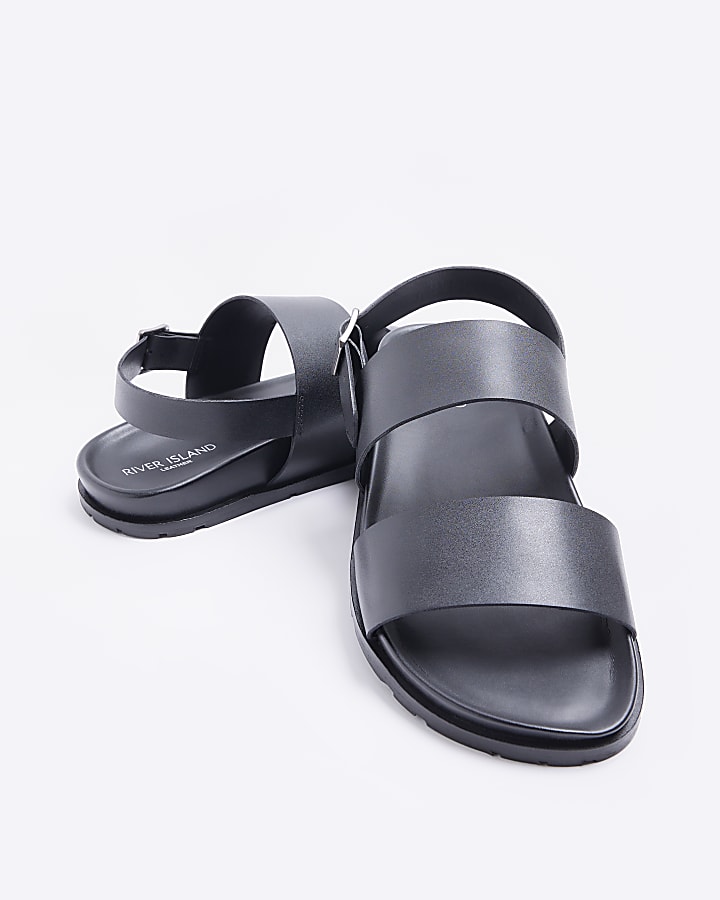 Black leather double strap sandals