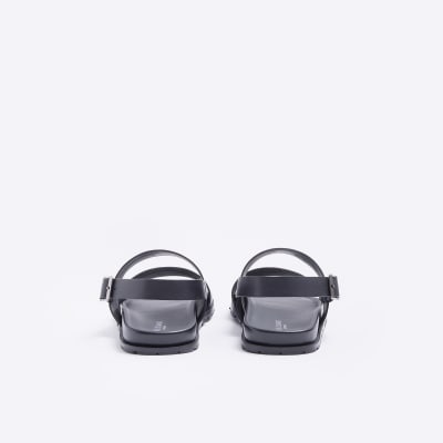 Black leather double strap sandals