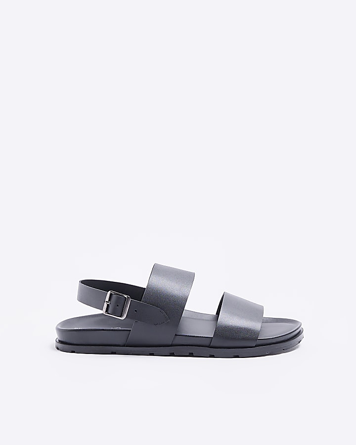 Black leather double strap sandals