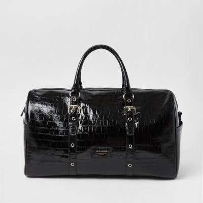 Black Leather embossed barrel bag | River Island