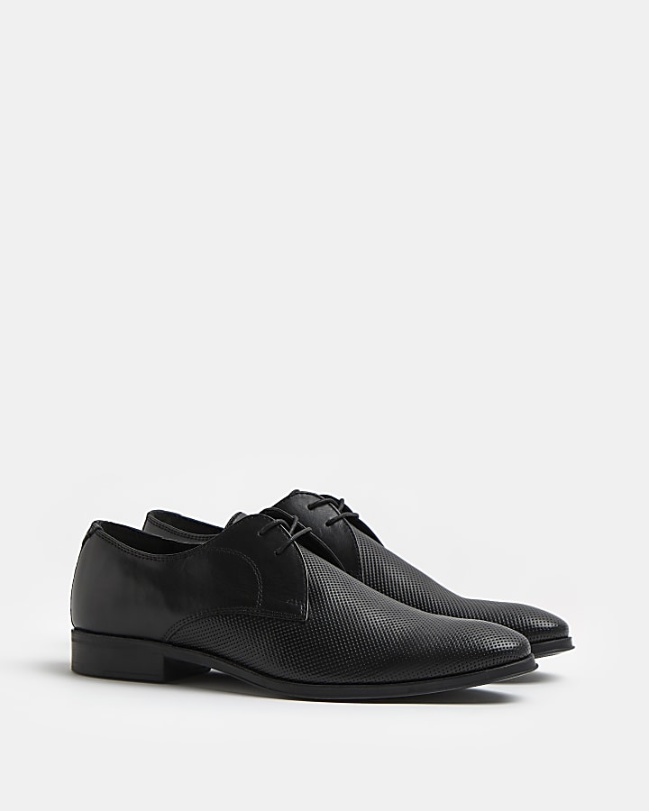 Black leather embossed lace up derby shoes
