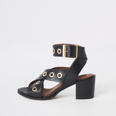 river island black block heel sandals