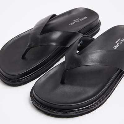 Black leather flip flop sandals River Island