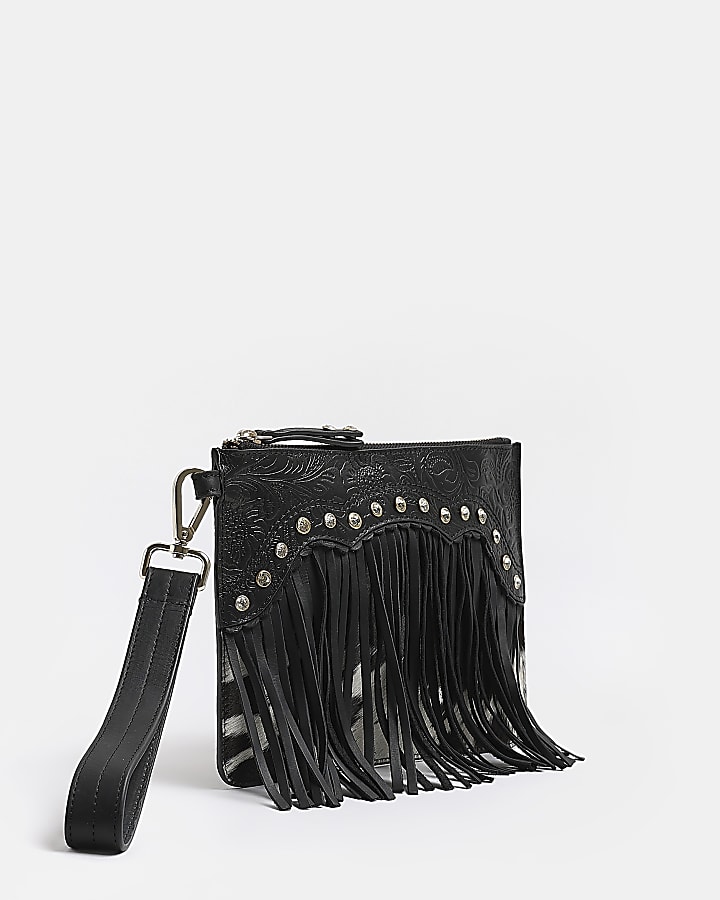 Black leather fringe clutch bag