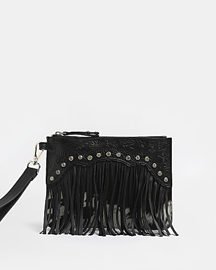 Black leather fringe clutch bag