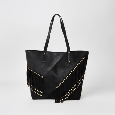 Black leather fringe studded shopper tote bag | River Island