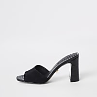 Black leather heel mule sandals