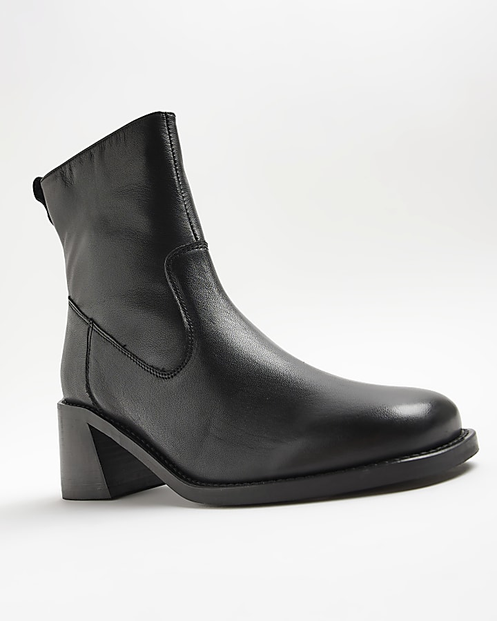 Black leather heeled ankle boots