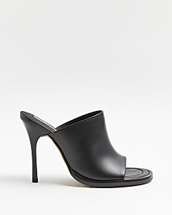 Black leather heeled mules