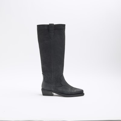 Black leather high leg western boots River Island