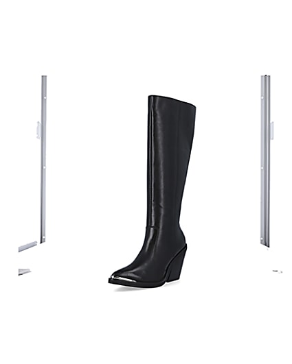360 degree animation of product Black leather knee high heeled boots frame-0