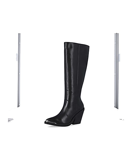 360 degree animation of product Black leather knee high heeled boots frame-1