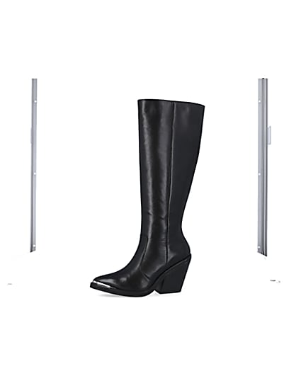360 degree animation of product Black leather knee high heeled boots frame-2