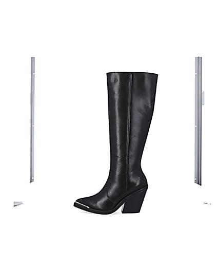 360 degree animation of product Black leather knee high heeled boots frame-3