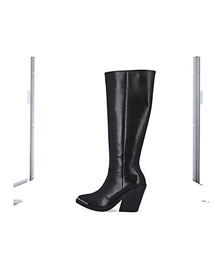 360 degree animation of product Black leather knee high heeled boots frame-4