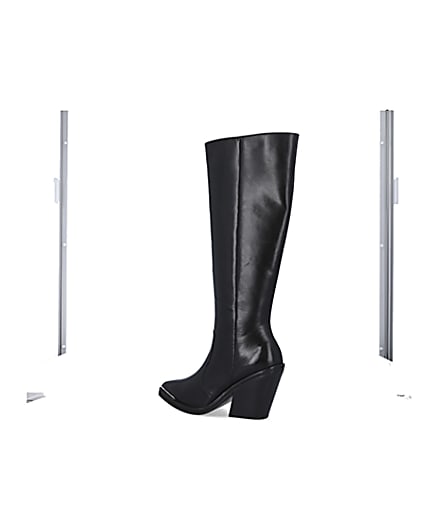 360 degree animation of product Black leather knee high heeled boots frame-5