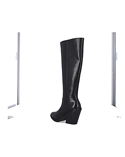 360 degree animation of product Black leather knee high heeled boots frame-6