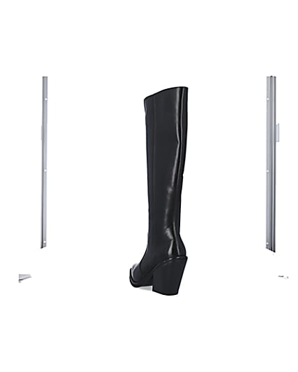 360 degree animation of product Black leather knee high heeled boots frame-7