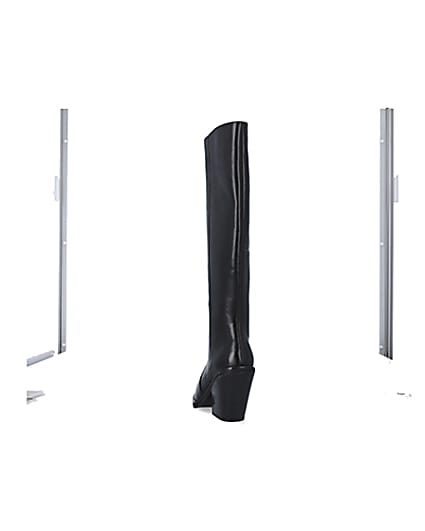 360 degree animation of product Black leather knee high heeled boots frame-8