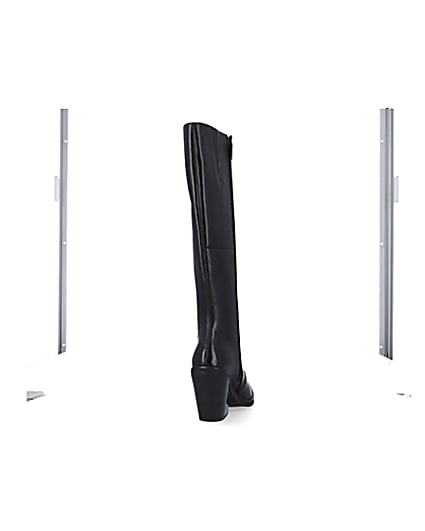 360 degree animation of product Black leather knee high heeled boots frame-10