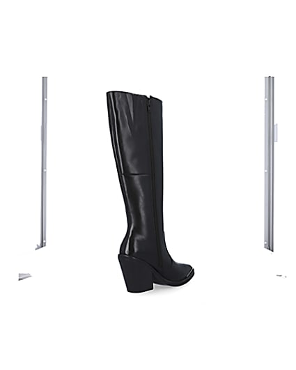 360 degree animation of product Black leather knee high heeled boots frame-12