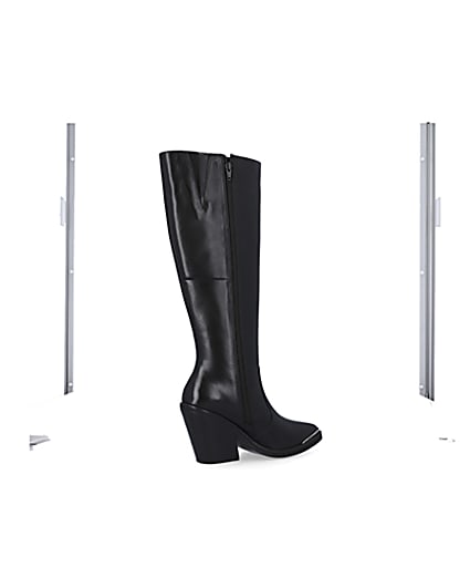 360 degree animation of product Black leather knee high heeled boots frame-13