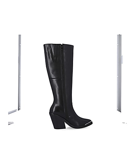 360 degree animation of product Black leather knee high heeled boots frame-14