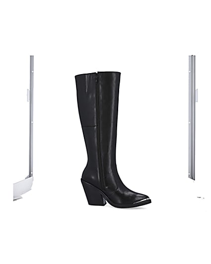 360 degree animation of product Black leather knee high heeled boots frame-16