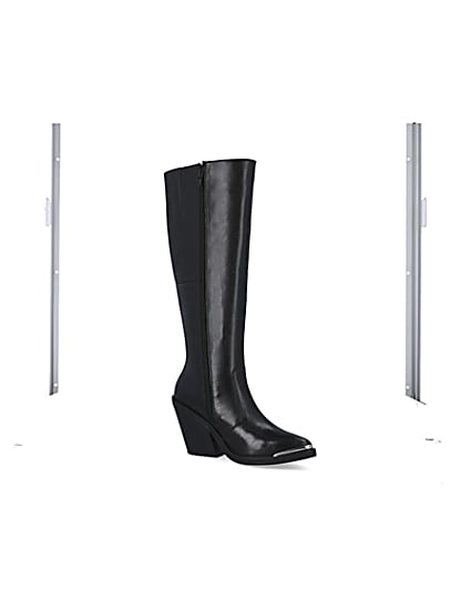 360 degree animation of product Black leather knee high heeled boots frame-17