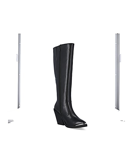 360 degree animation of product Black leather knee high heeled boots frame-18
