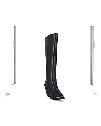 360 degree animation of product Black leather knee high heeled boots frame-19