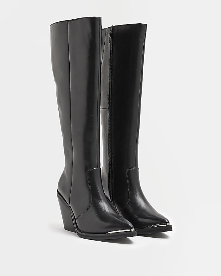 Black leather knee high heeled boots