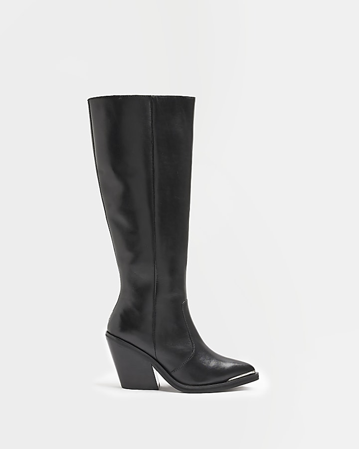 Black leather knee high heeled boots