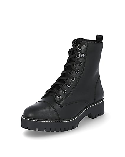 360 degree animation of product Black leather lace up ankle boots frame-0