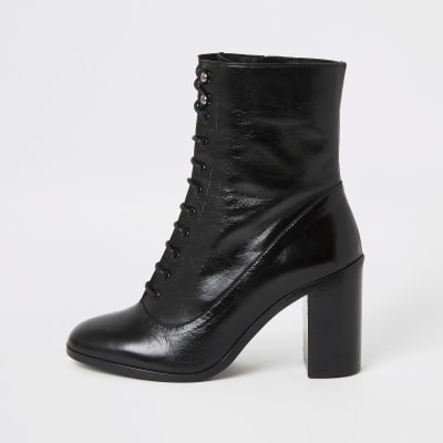 Black Leather Lace Up Block Heel Boots River Island 0059