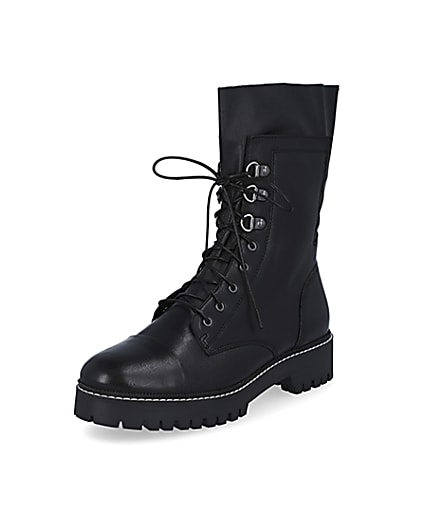 360 degree animation of product Black leather lace up boots frame-0