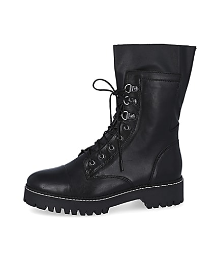 360 degree animation of product Black leather lace up boots frame-2